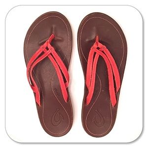 Nearly New Red Leather OluKai U’I Flip Flops